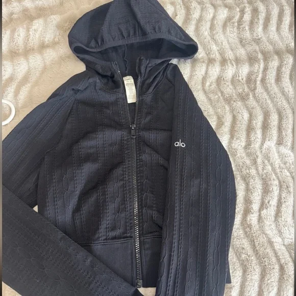 ALO Yoga Charcoal Cable Knit Zip-Up Hoodie - Picture 3 of 4